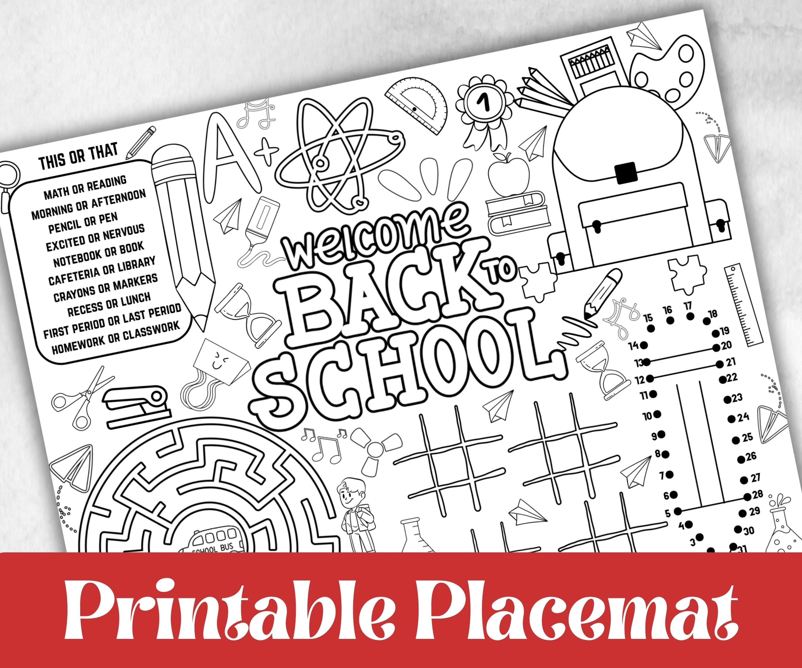 Back to School Placemats, Daycare coloring Printable, kids activity sheet, homeschool, educational Quiz, return to school, 1st day of school