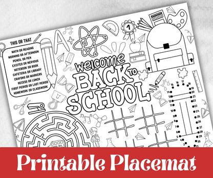 Back to School Placemats, Daycare coloring Printable, kids activity sheet, homeschool, educational Quiz, return to school, 1st day of school