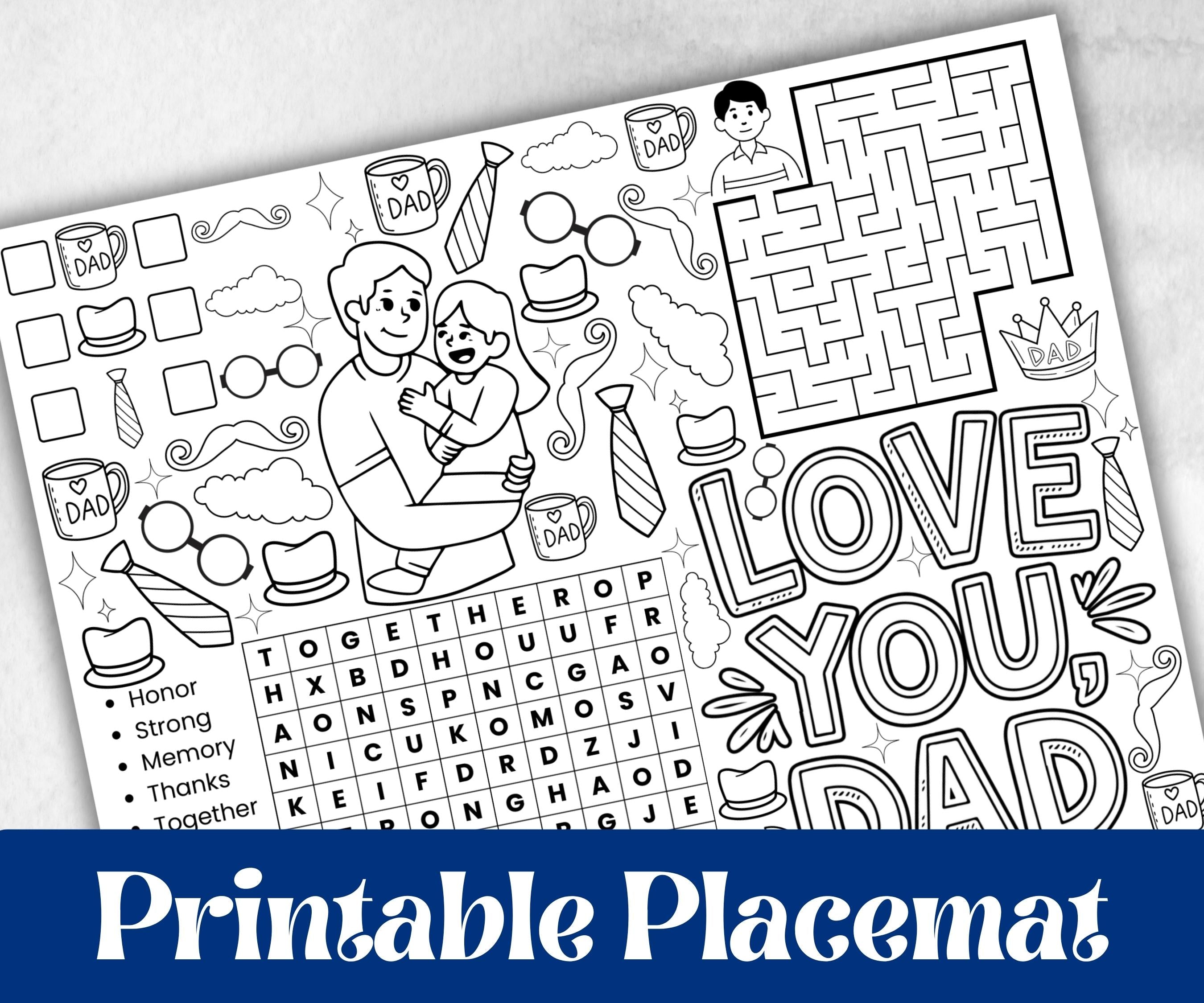 Fathers Day coloring Placemats, Daycare Printable, kids activity sheets, Keepsake, Personalised Gift, All about Dad, Daddy, Papa, Grandpa