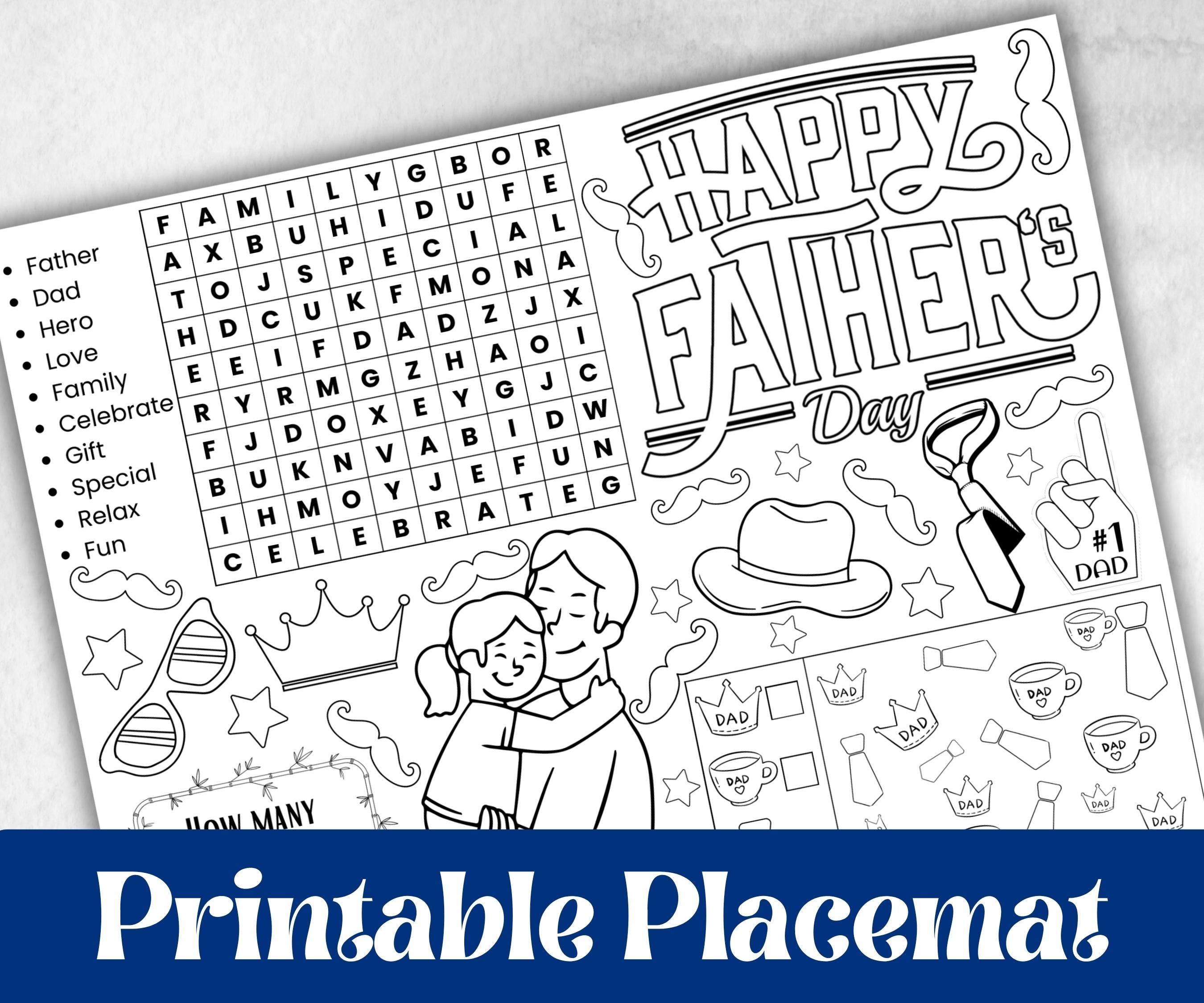 Fathers Day coloring Placemats, Daycare Printable, kids activity sheets, Keepsake, Personalised Gift, All about Dad, Daddy, Papa, Grandpa