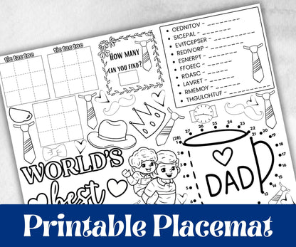 Fathers Day coloring Placemats, Daycare Printable, kids activity sheets, Keepsake, Personalised Gift, All about Dad, Daddy, Papa, Grandpa