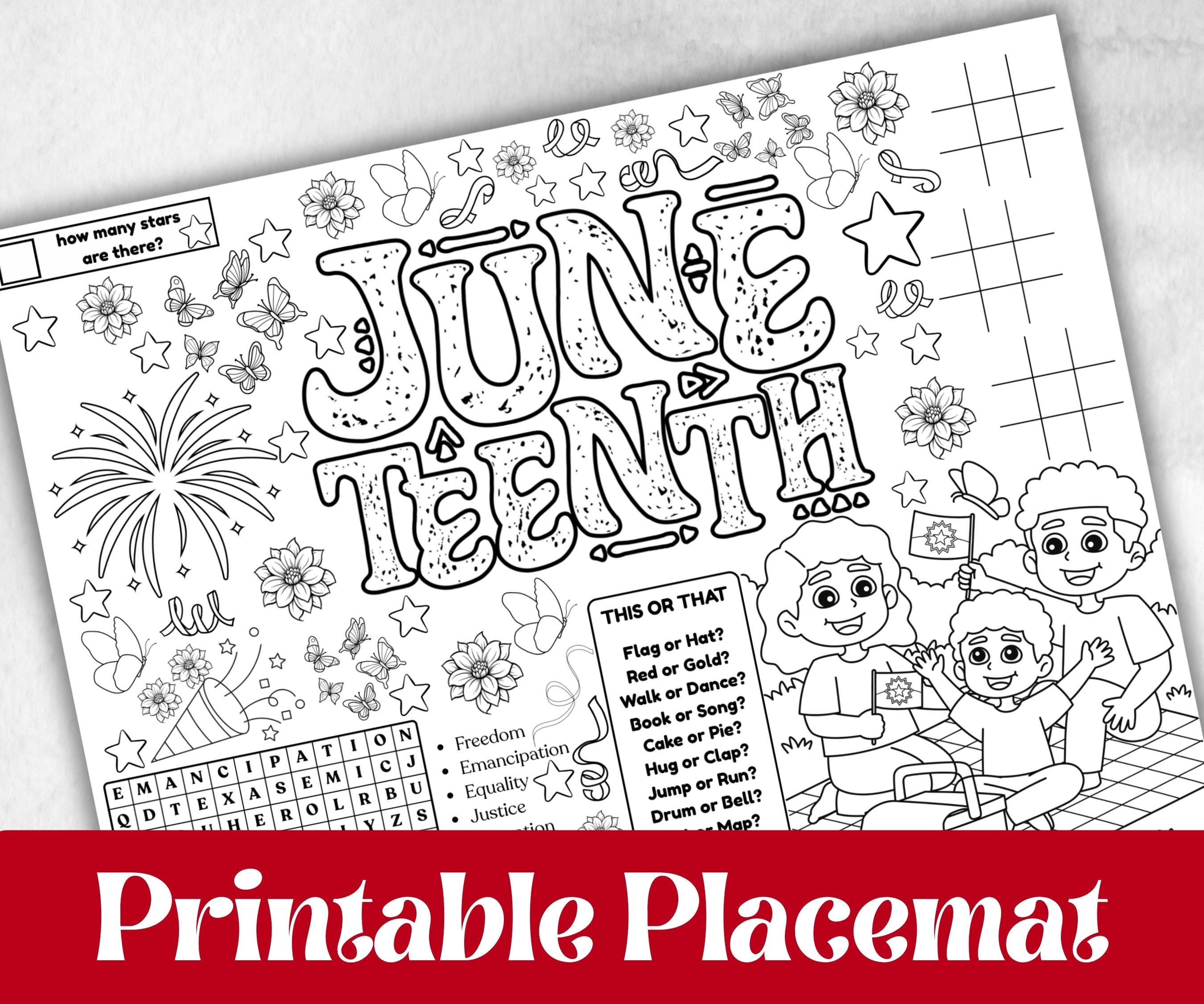 Juneteenth coloring Placemats, Printable kids activity sheets, Black History, American African, freedom day bundle, group games, celebration
