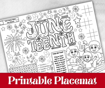 Juneteenth coloring Placemats, Printable kids activity sheets, Black History, American African, freedom day bundle, group games, celebration