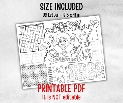Juneteenth coloring Placemats, Printable kids activity sheets, Black History, American African, freedom day bundle, group games, celebration