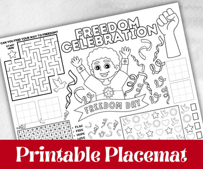 Juneteenth coloring Placemats, Printable kids activity sheets, Black History, American African, freedom day bundle, group games, celebration