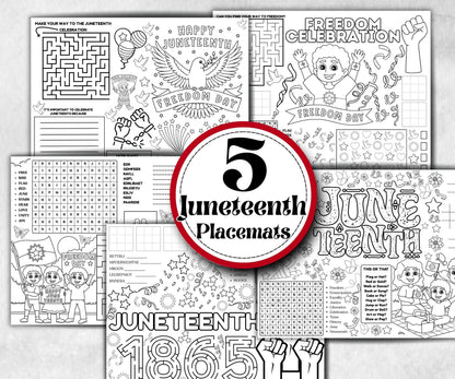 Juneteenth coloring Placemats, Printable kids activity sheets, Black History, American African, freedom day bundle, group games, celebration