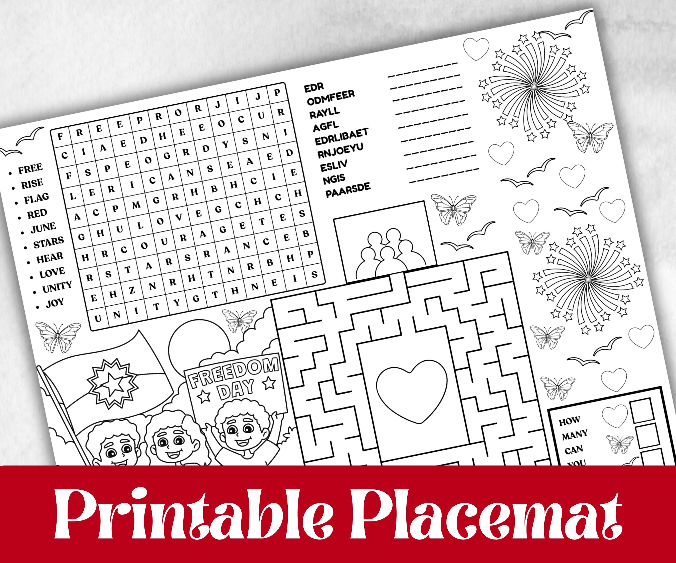 Juneteenth coloring Placemats, Printable kids activity sheets, Black History, American African, freedom day bundle, group games, celebration