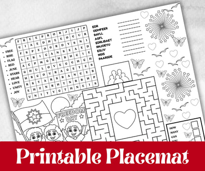Juneteenth coloring Placemats, Printable kids activity sheets, Black History, American African, freedom day bundle, group games, celebration