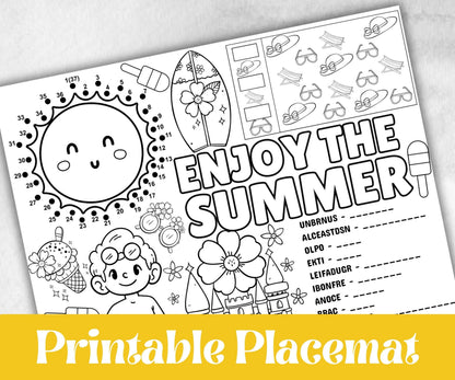 Summer coloring Placemats, Printable school sheets, beach party, breakfast, Road Trips, sunday school, pool party activity bundle, dinner