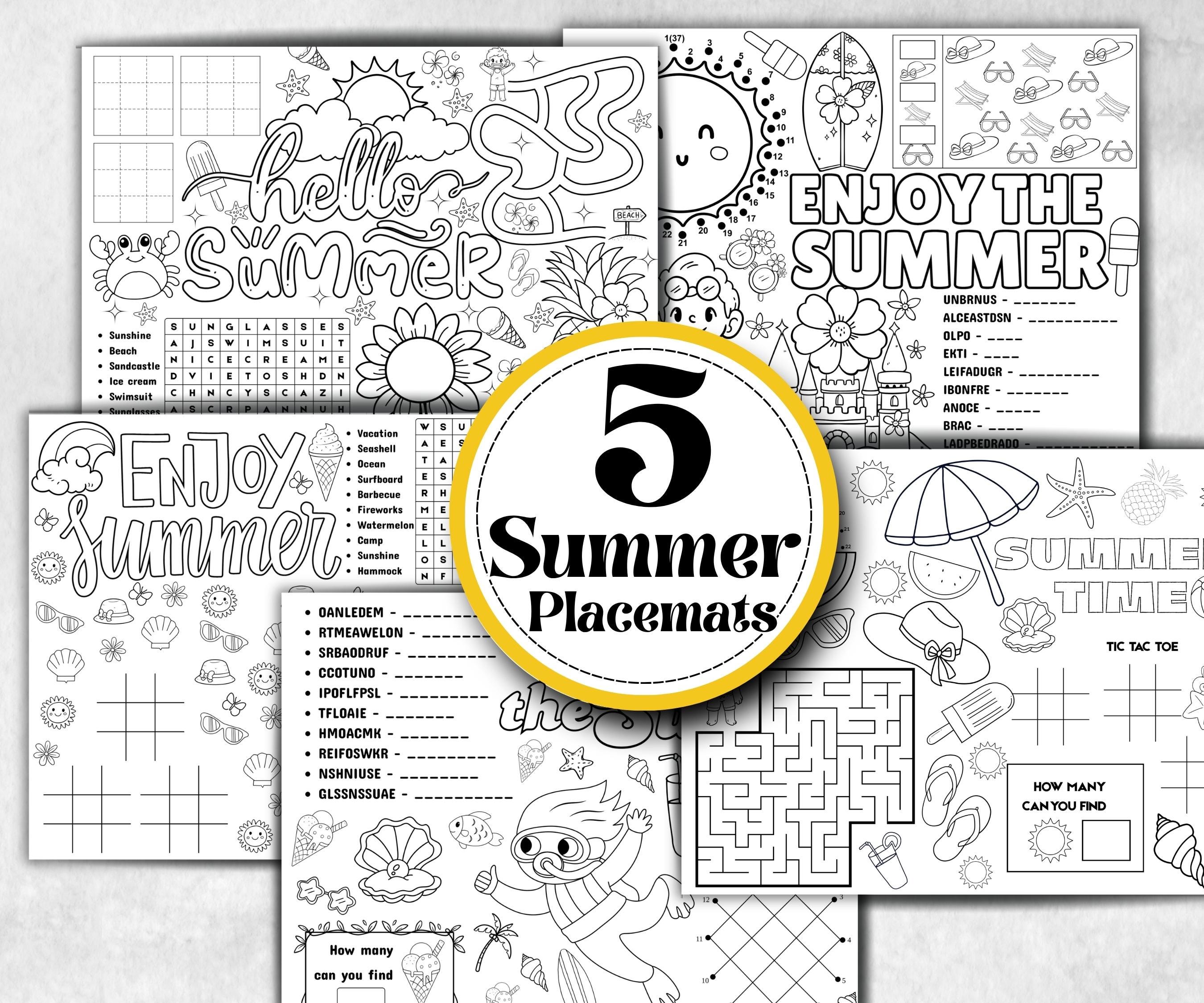 Summer coloring Placemats, Printable school sheets, beach party, breakfast, Road Trips, sunday school, pool party activity bundle, dinner