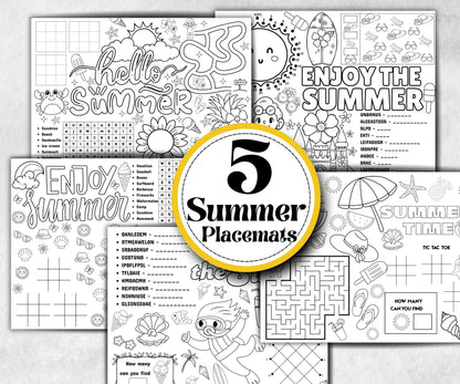 Summer coloring Placemats, Printable school sheets, beach party, breakfast, Road Trips, sunday school, pool party activity bundle, dinner
