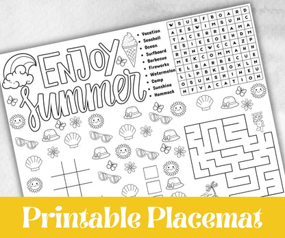 Summer coloring Placemats, Printable school sheets, beach party, breakfast, Road Trips, sunday school, pool party activity bundle, dinner