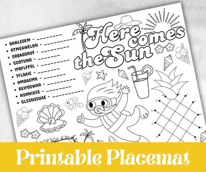 Summer coloring Placemats, Printable school sheets, beach party, breakfast, Road Trips, sunday school, pool party activity bundle, dinner