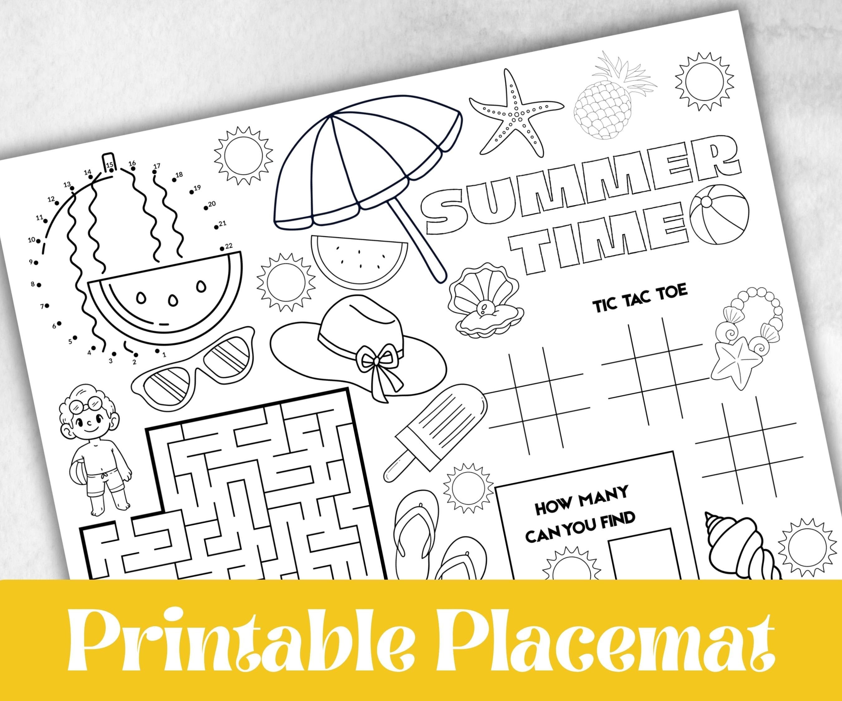 Summer coloring Placemats, Printable school sheets, beach party, breakfast, Road Trips, sunday school, pool party activity bundle, dinner