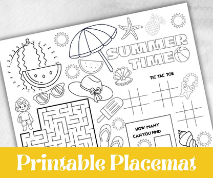 Summer coloring Placemats, Printable school sheets, beach party, breakfast, Road Trips, sunday school, pool party activity bundle, dinner