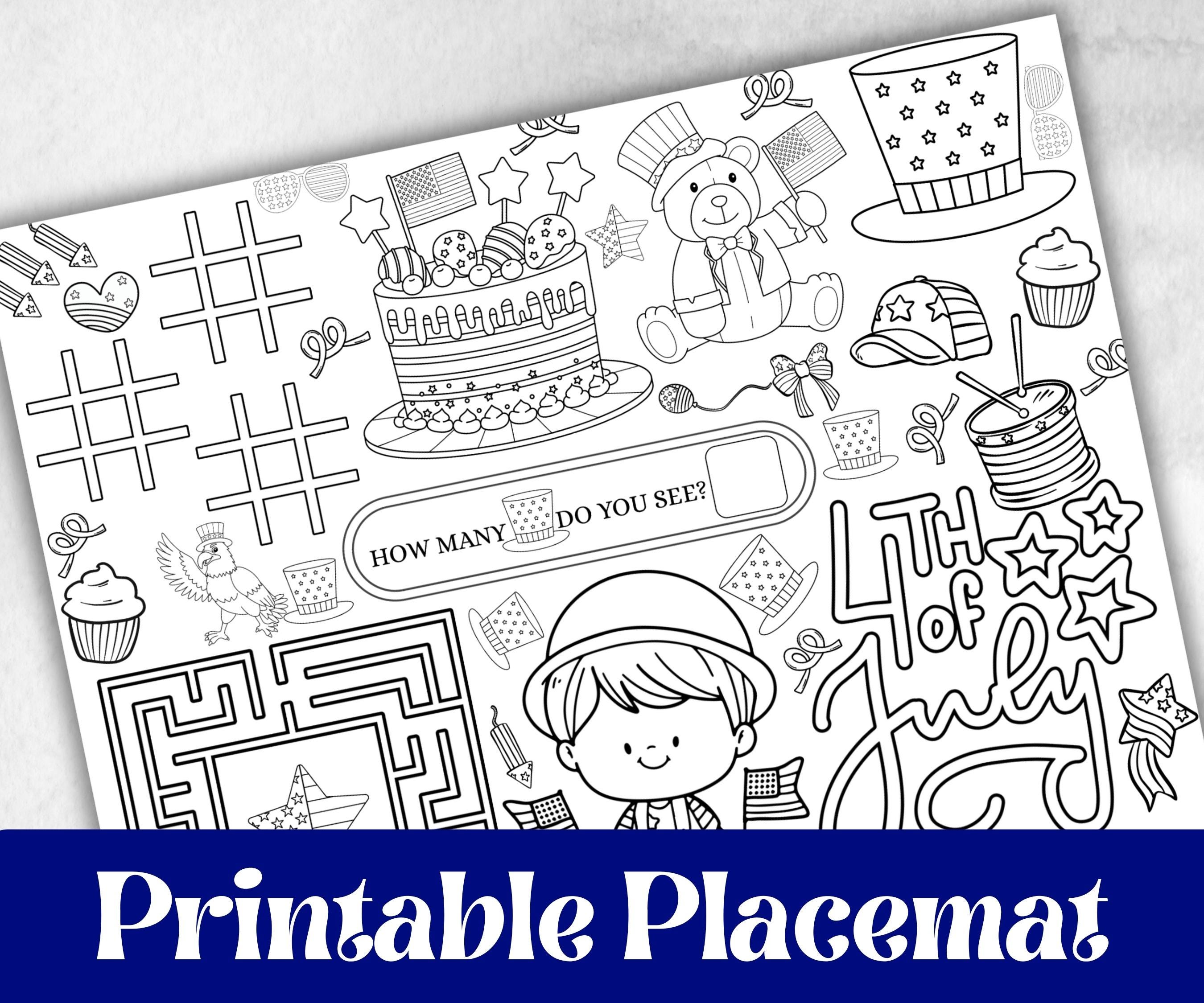 4th of July placemat, Daycare Printable, kids activity sheets, Independence Day, patriotic coloring, America, Fourth of July, Summer picnic