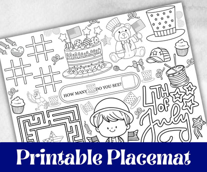 4th of July placemat, Daycare Printable, kids activity sheets, Independence Day, patriotic coloring, America, Fourth of July, Summer picnic