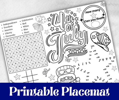 4th of July placemat, Daycare Printable, kids activity sheets, Independence Day, patriotic coloring, America, Fourth of July, Summer picnic