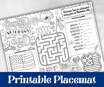 Veterans Day placemat, Daycare Printable, kids activity sheets, Memorial Day, patriotic games, America, USA, remembrance day, Military Vets