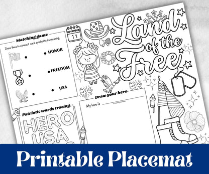 Veterans Day placemat, Daycare Printable, kids activity sheets, Memorial Day, patriotic games, America, USA, remembrance day, Military Vets