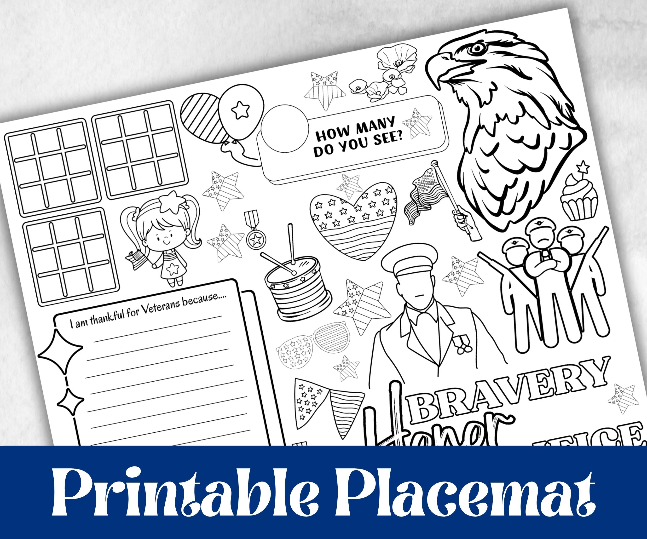 Veterans Day placemat, Daycare Printable, kids activity sheets, Memorial Day, patriotic games, America, USA, remembrance day, Military Vets