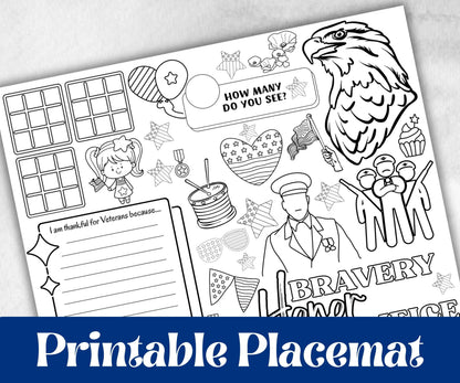 Veterans Day placemat, Daycare Printable, kids activity sheets, Memorial Day, patriotic games, America, USA, remembrance day, Military Vets