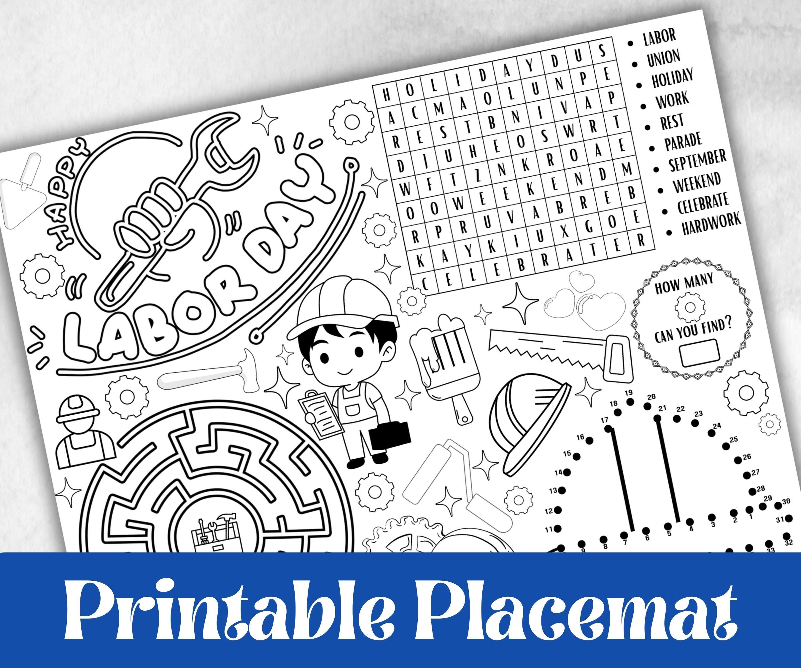Labor Day placemat, Daycare Printable, kids activity sheets, Memorial Day, patriotic games, America, USA, remembrance day, community helpers