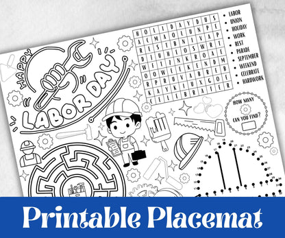 Labor Day placemat, Daycare Printable, kids activity sheets, Memorial Day, patriotic games, America, USA, remembrance day, community helpers