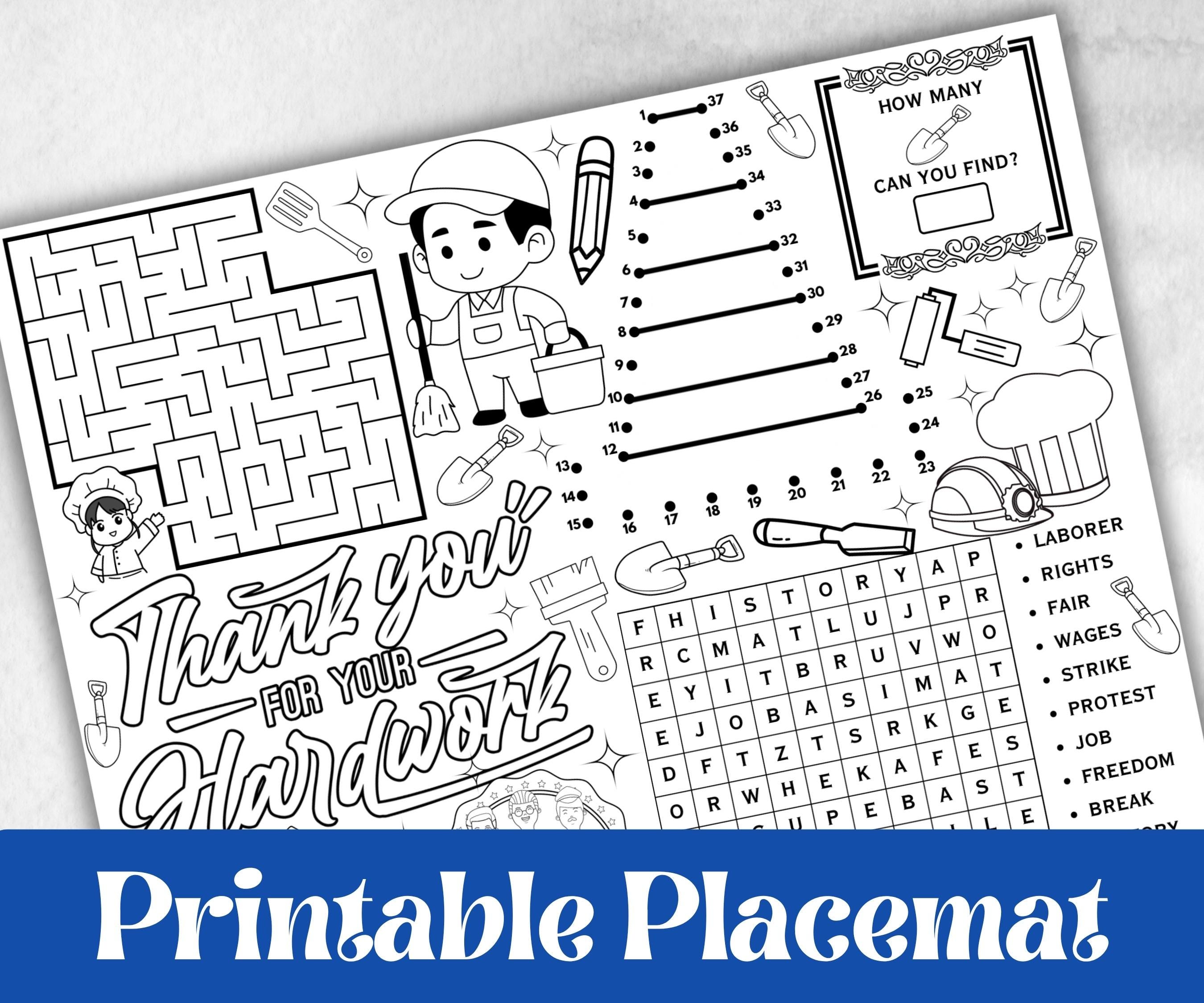 Labor Day placemat, Daycare Printable, kids activity sheets, Memorial Day, patriotic games, America, USA, remembrance day, community helpers