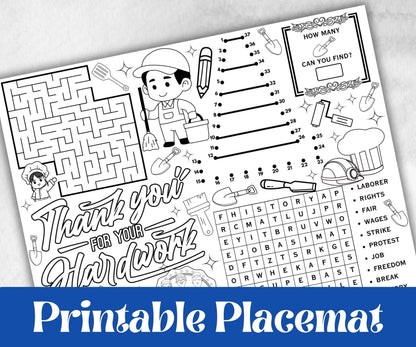 Labor Day placemat, Daycare Printable, kids activity sheets, Memorial Day, patriotic games, America, USA, remembrance day, community helpers
