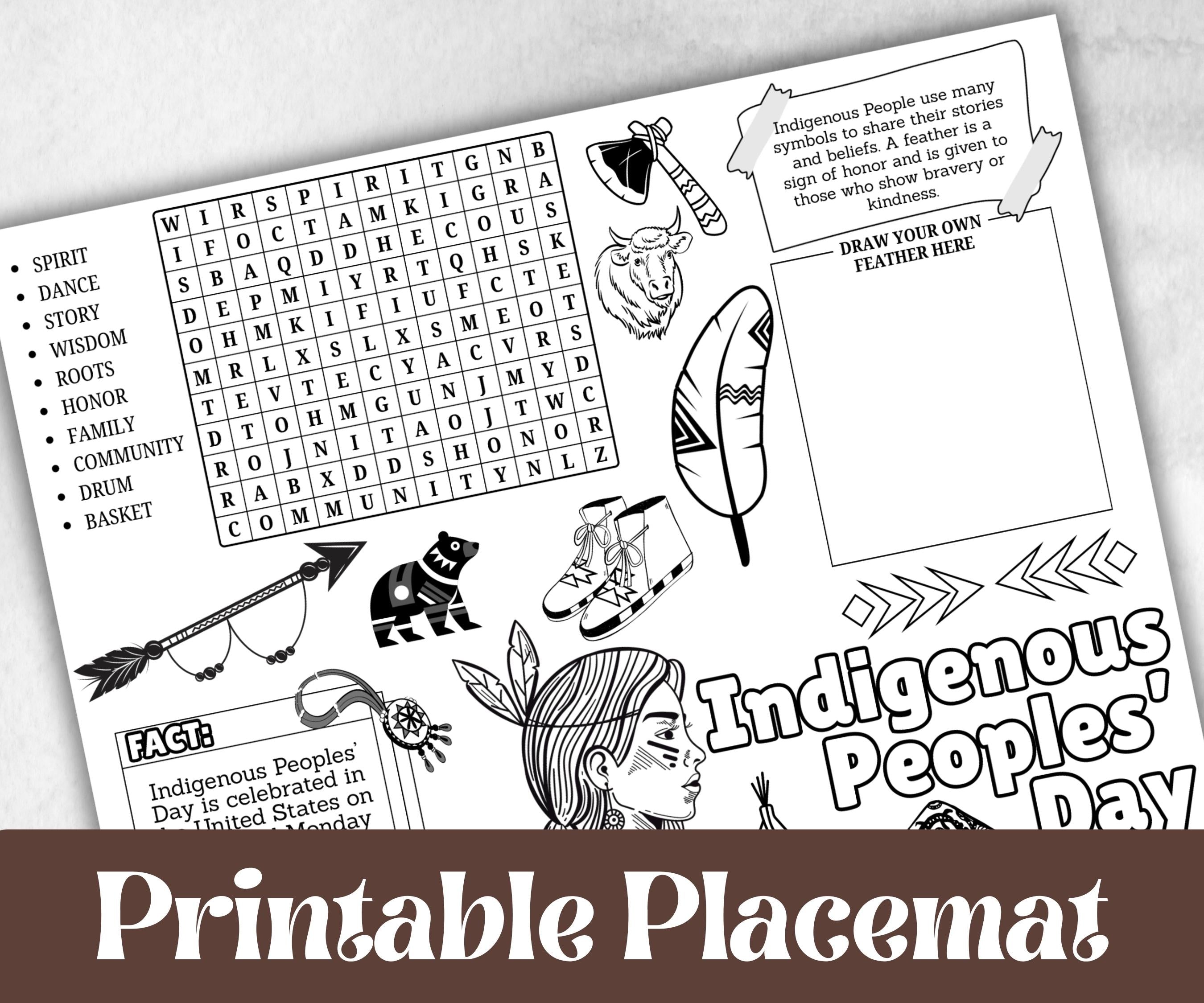 Indigenous Peoples day placemat, Daycare Printable, kids sheets, Columbus Day, Native American, cultural heritage learning, history themed