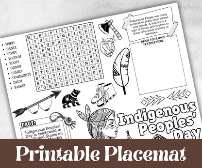 Indigenous Peoples day placemat, Daycare Printable, kids sheets, Columbus Day, Native American, cultural heritage learning, history themed
