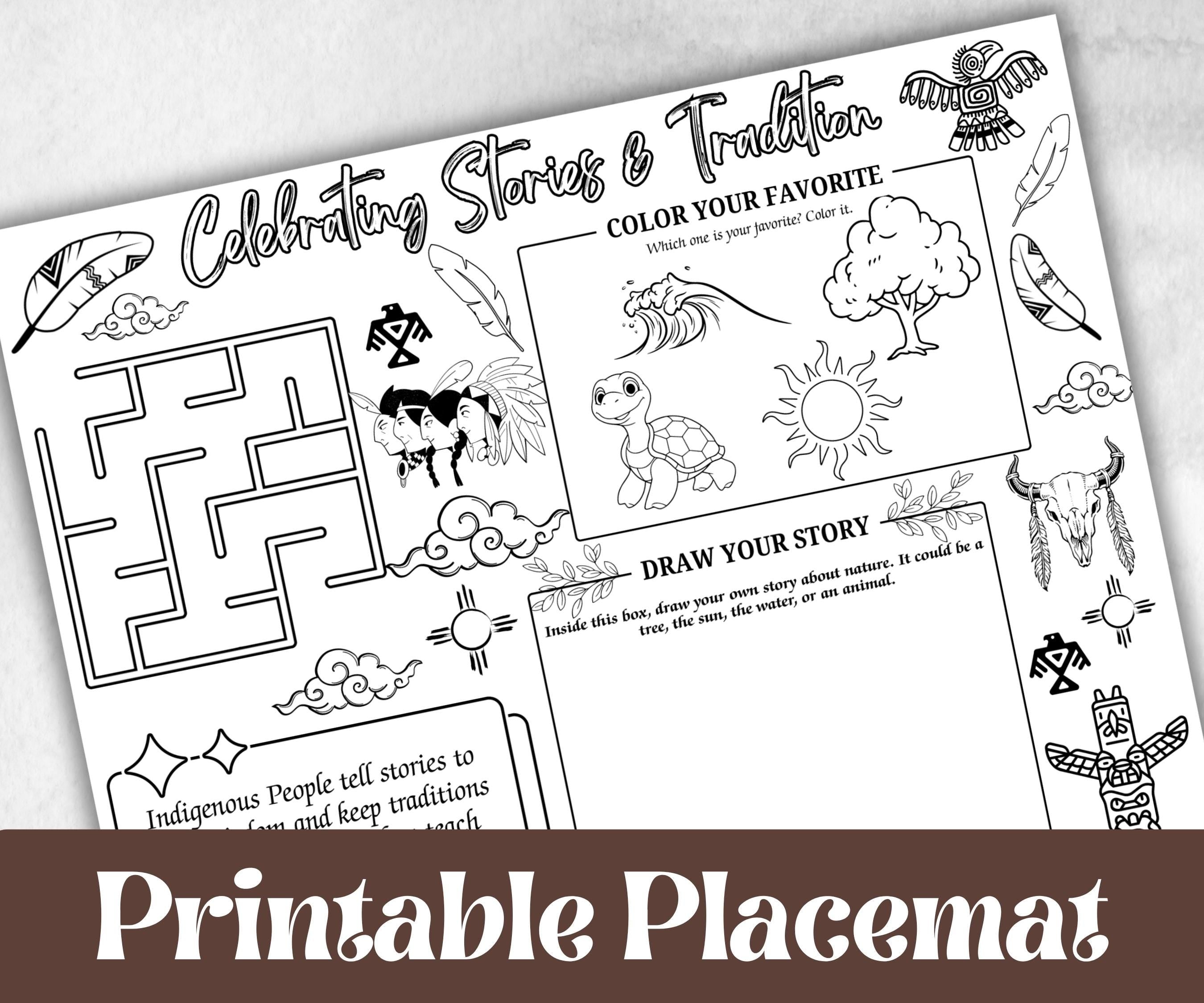 Indigenous Peoples day placemat, Daycare Printable, kids sheets, Columbus Day, Native American, cultural heritage learning, history themed