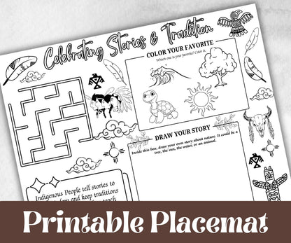Indigenous Peoples day placemat, Daycare Printable, kids sheets, Columbus Day, Native American, cultural heritage learning, history themed