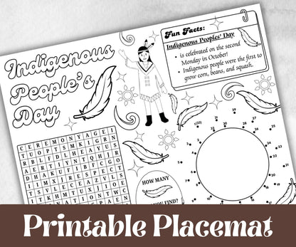 Indigenous Peoples day placemat, Daycare Printable, kids sheets, Columbus Day, Native American, cultural heritage learning, history themed