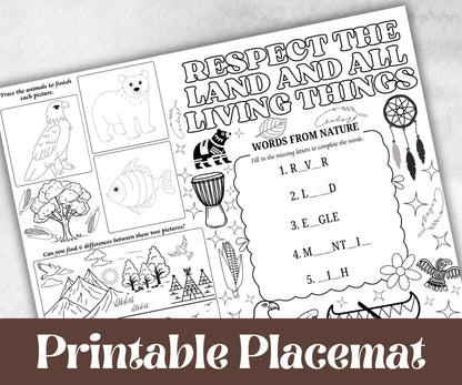 Indigenous Peoples day placemat, Daycare Printable, kids sheets, Columbus Day, Native American, cultural heritage learning, history themed