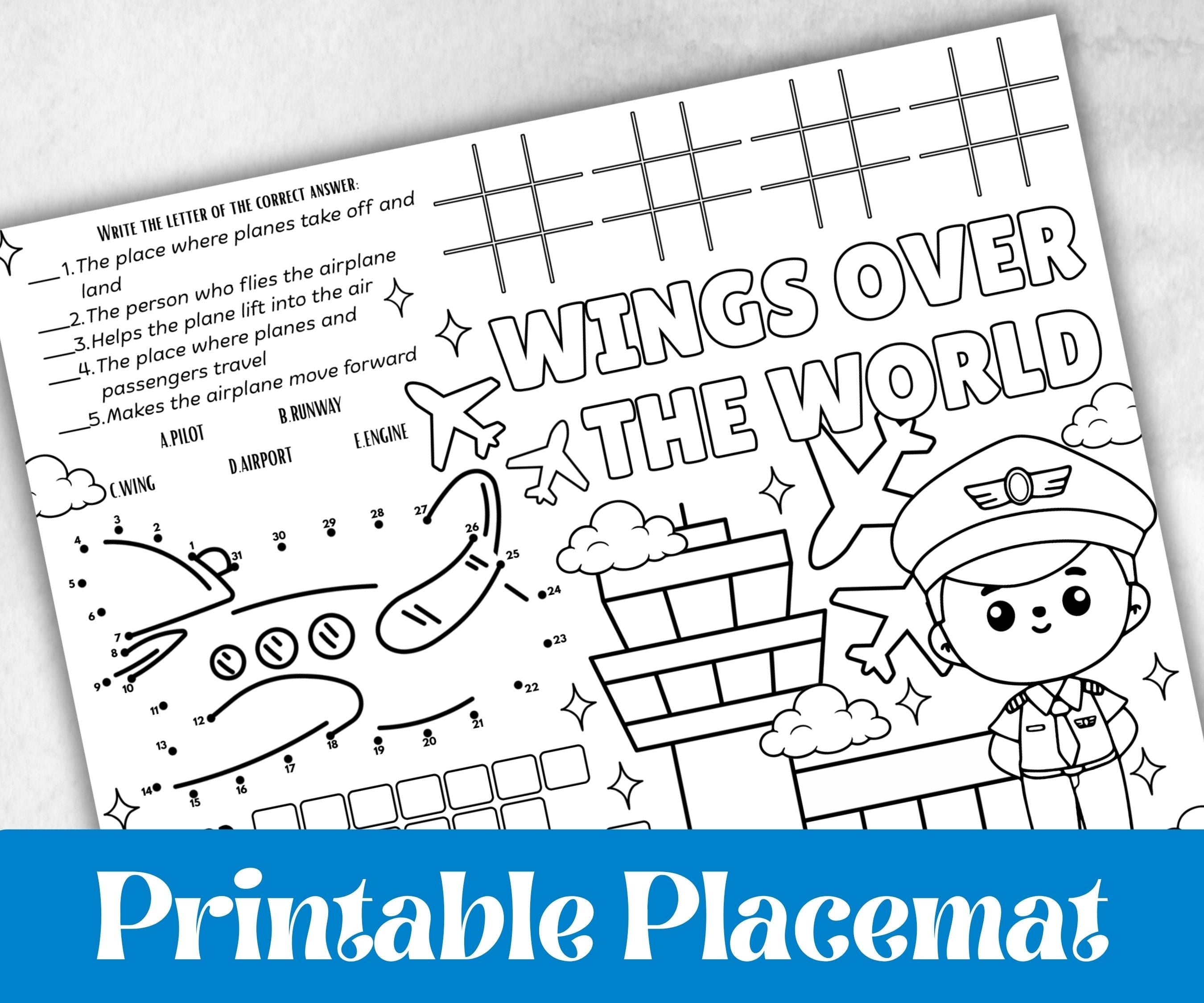 Airplane placemat placemat, Daycare Printable, kids sheets, Birthday coloring Sheet, Boy Girl Bday, Flying, pilot themed, plane travel fun