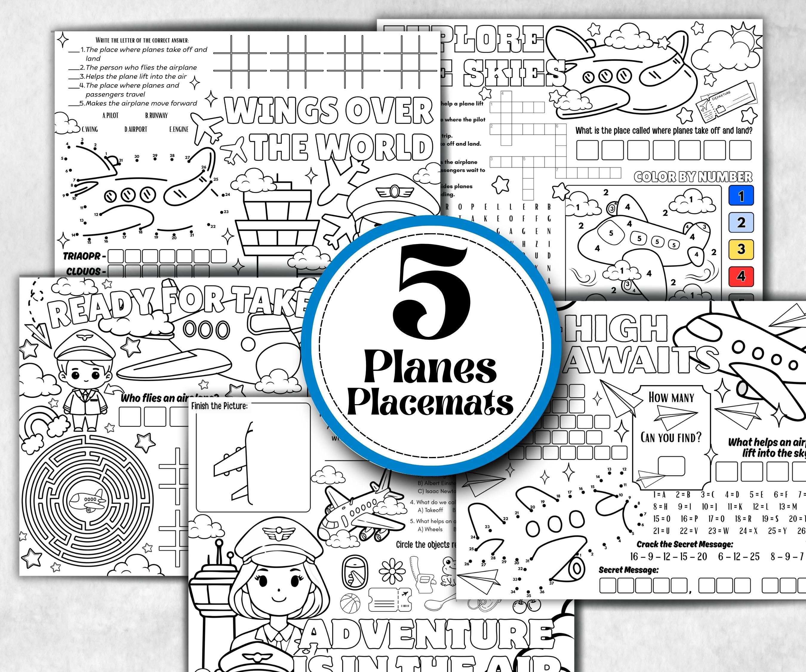 Airplane placemat placemat, Daycare Printable, kids sheets, Birthday coloring Sheet, Boy Girl Bday, Flying, pilot themed, plane travel fun