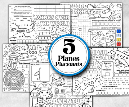 Airplane placemat placemat, Daycare Printable, kids sheets, Birthday coloring Sheet, Boy Girl Bday, Flying, pilot themed, plane travel fun