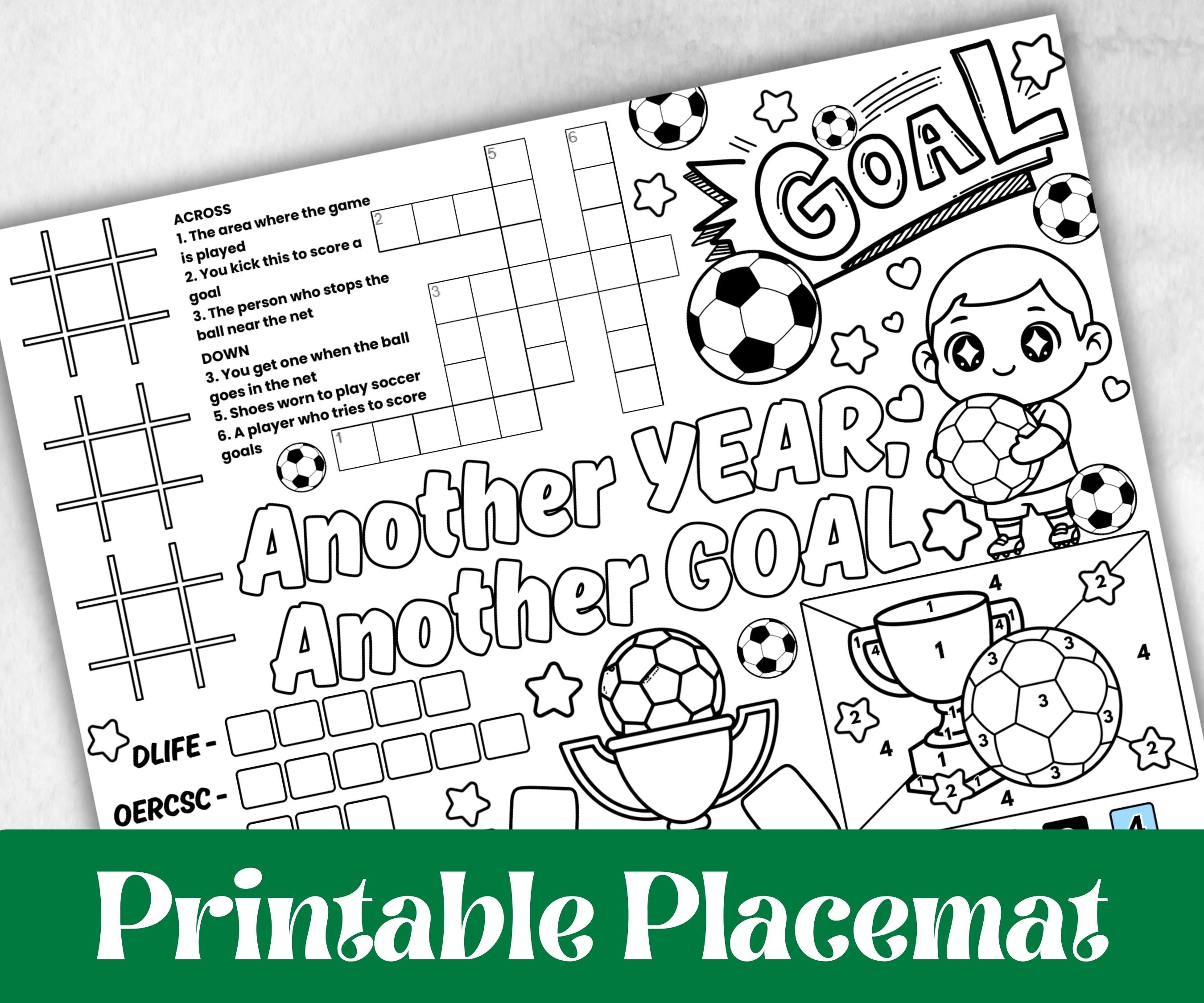 Soccer placemat placemat, Daycare Printable, kids sheets, Birthday coloring Sheet, Boy Girl Bday favor, Football themed, sports, world cup