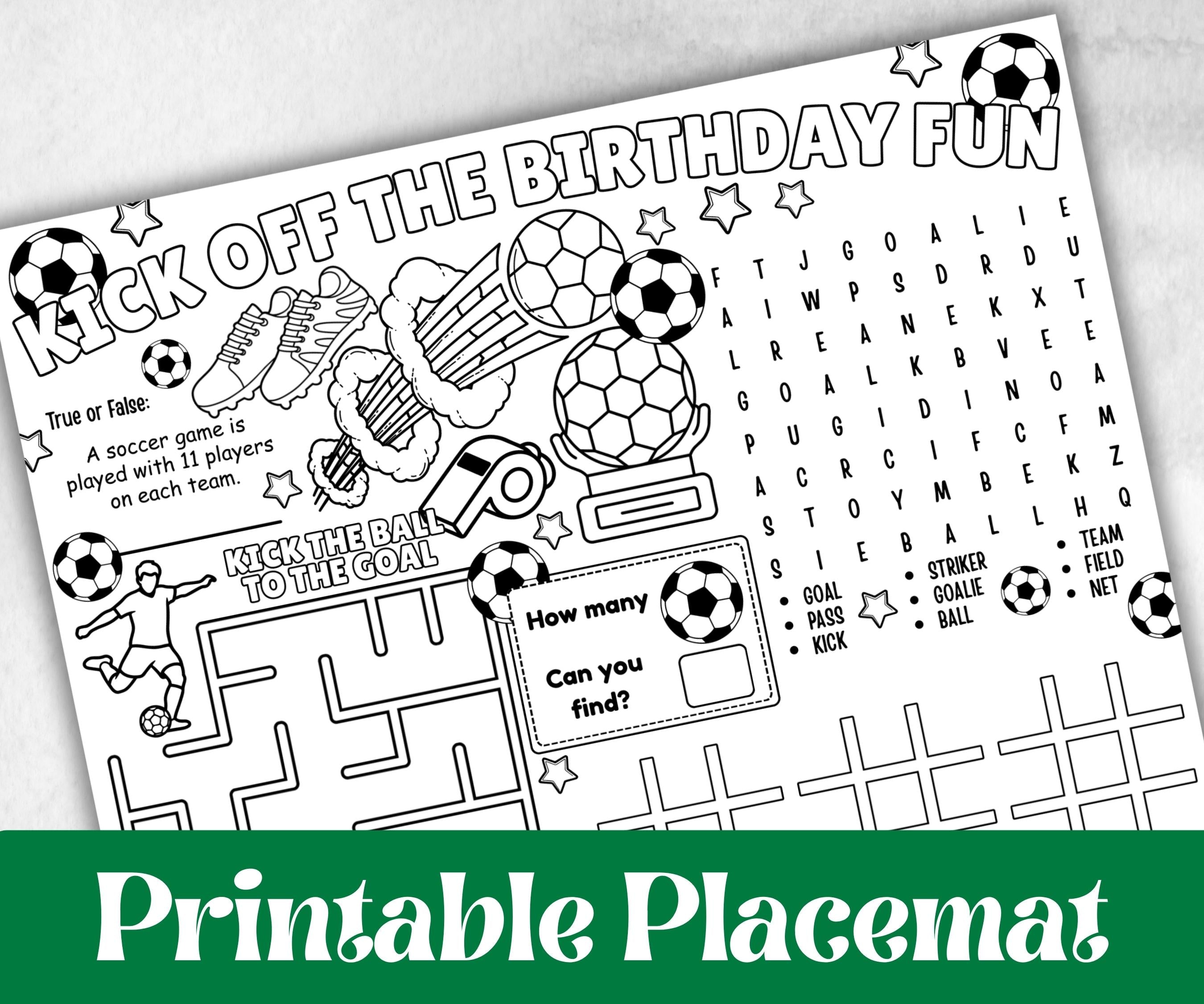 Soccer placemat placemat, Daycare Printable, kids sheets, Birthday coloring Sheet, Boy Girl Bday favor, Football themed, sports, world cup