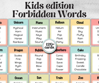 Kids Edition Forbidden Words, Boy Girl Birthday activity, Kindergarten esl activity kids, Word Ban, Daycare, Homeschool Activity, vocabulary