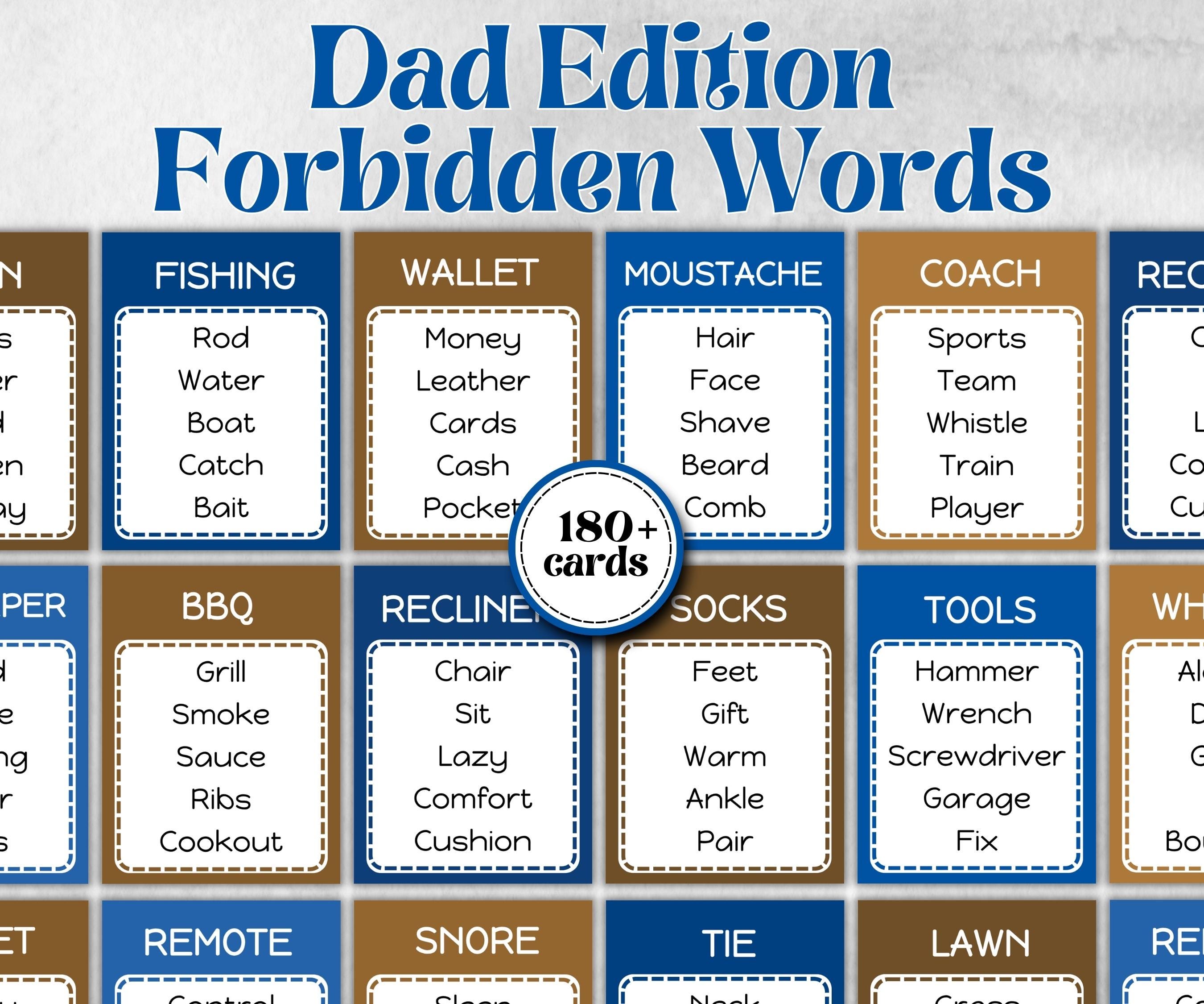 Dad Edition Forbidden Words, Fathers Day, Kindergarten esl activity, Word Ban, Family Game Night, Homeschool, Birthday Gift, All About Daddy