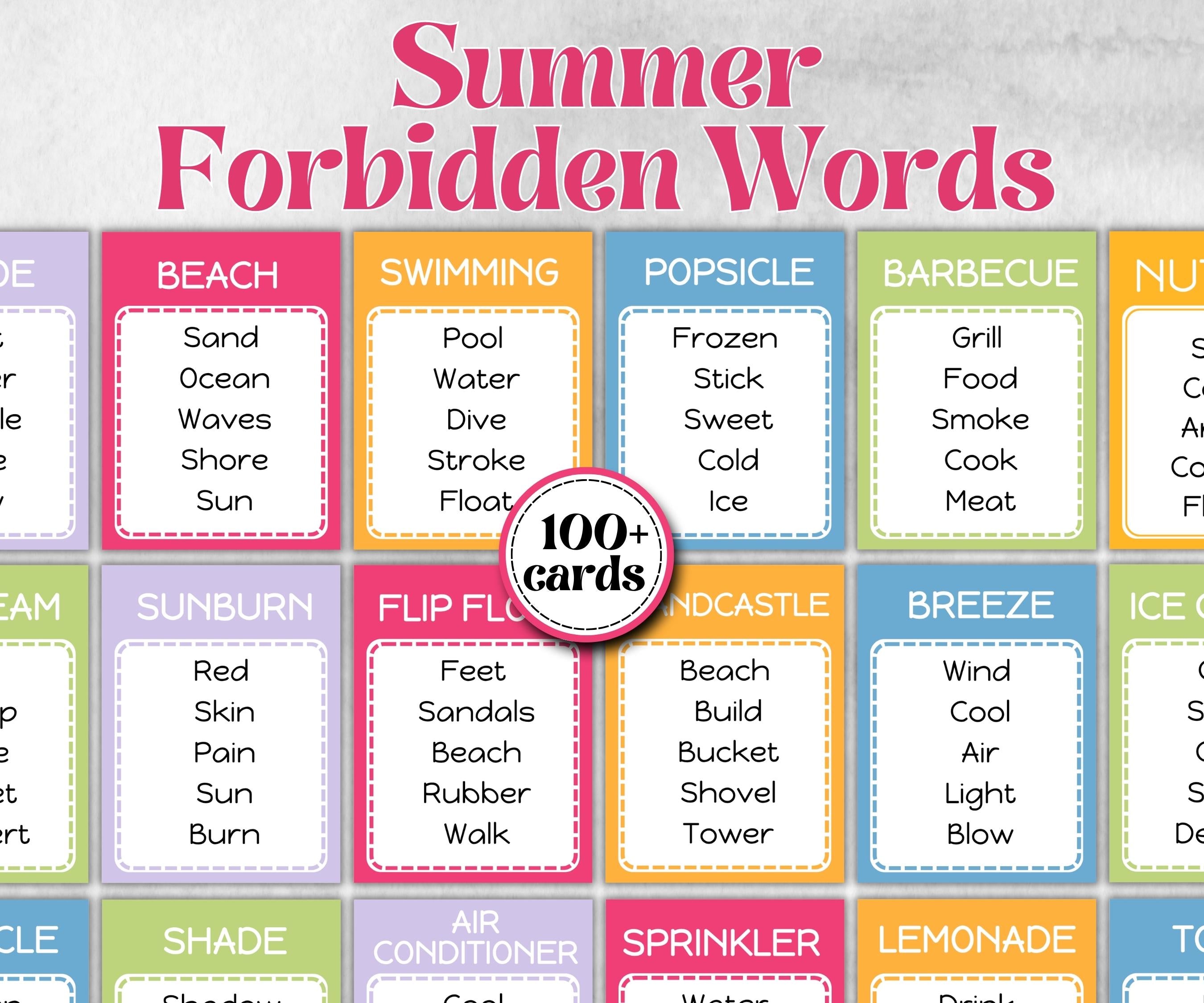 Summer Forbidden Words, Family Game Night, Dont say It, Ice breaker, beach party, breakfast, Road Trips, sunday school, pool party, BBQ game