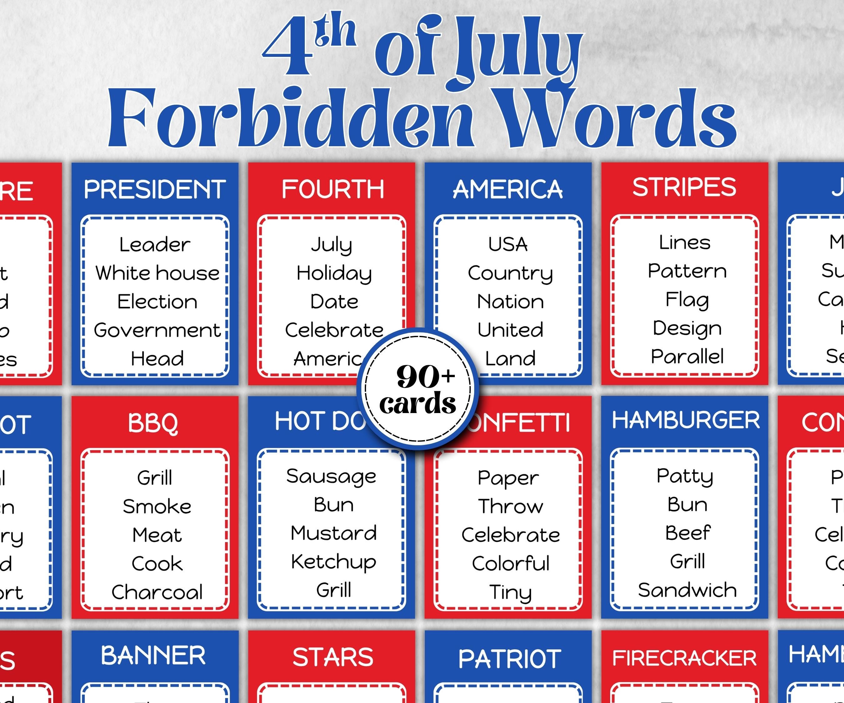 4th of July Forbidden Words, Kindergarten esl, America Word Ban, Homeschool Activity, Independence Day Trivia, Patriotic Game Summer BBQ