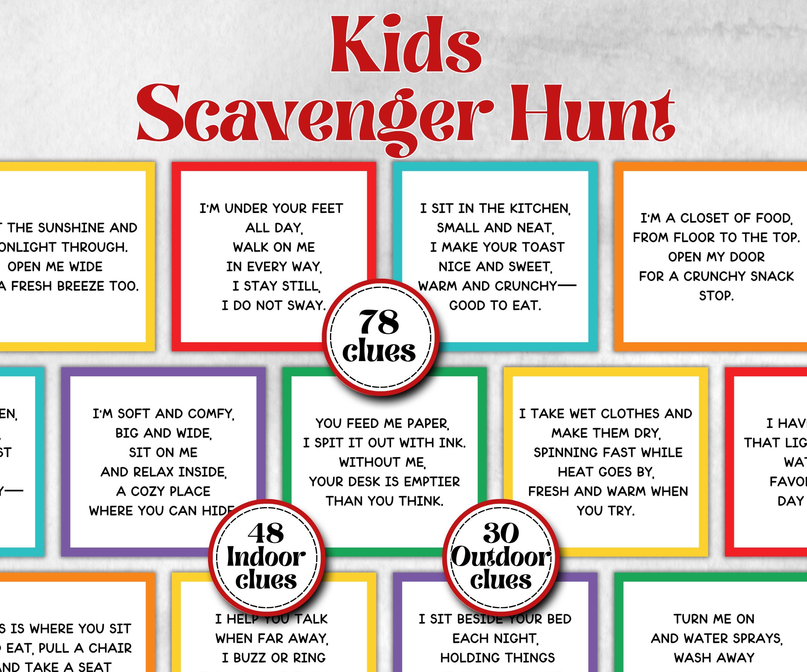 Kids Indoor Outdoor Scavenger Hunt for kids, Boy Girl Birthday, game for older kid, milestone birthday gift, tricky treasure hunt, 78 clues