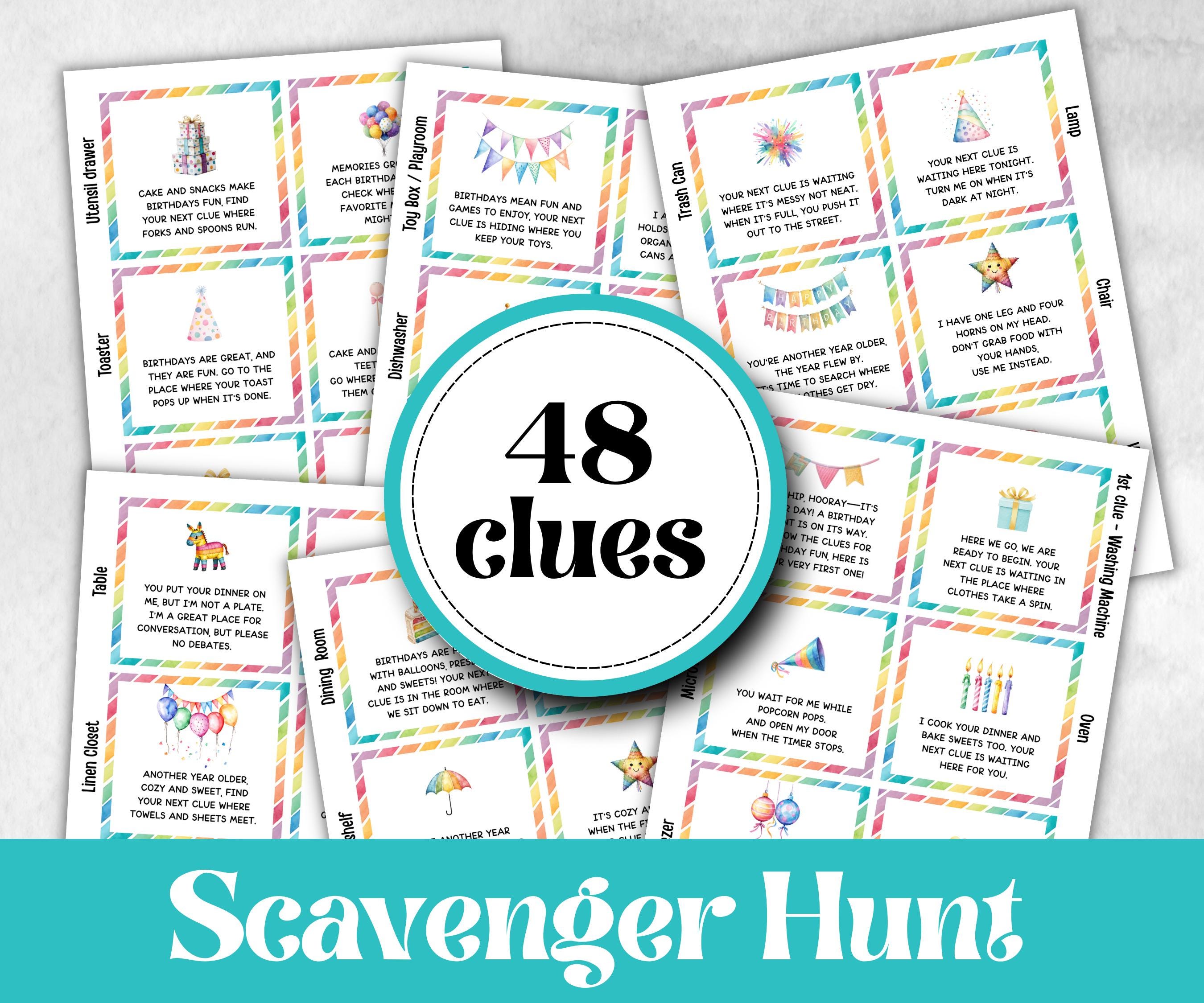 Birthday Indoor Scavenger Hunt for kids, Boy Girl Birthday, game for older kid, milestone birthday gift, tricky treasure hunt, 48 hunt Clues
