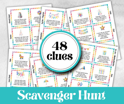 Birthday Indoor Scavenger Hunt for kids, Boy Girl Birthday, game for older kid, milestone birthday gift, tricky treasure hunt, 48 hunt Clues
