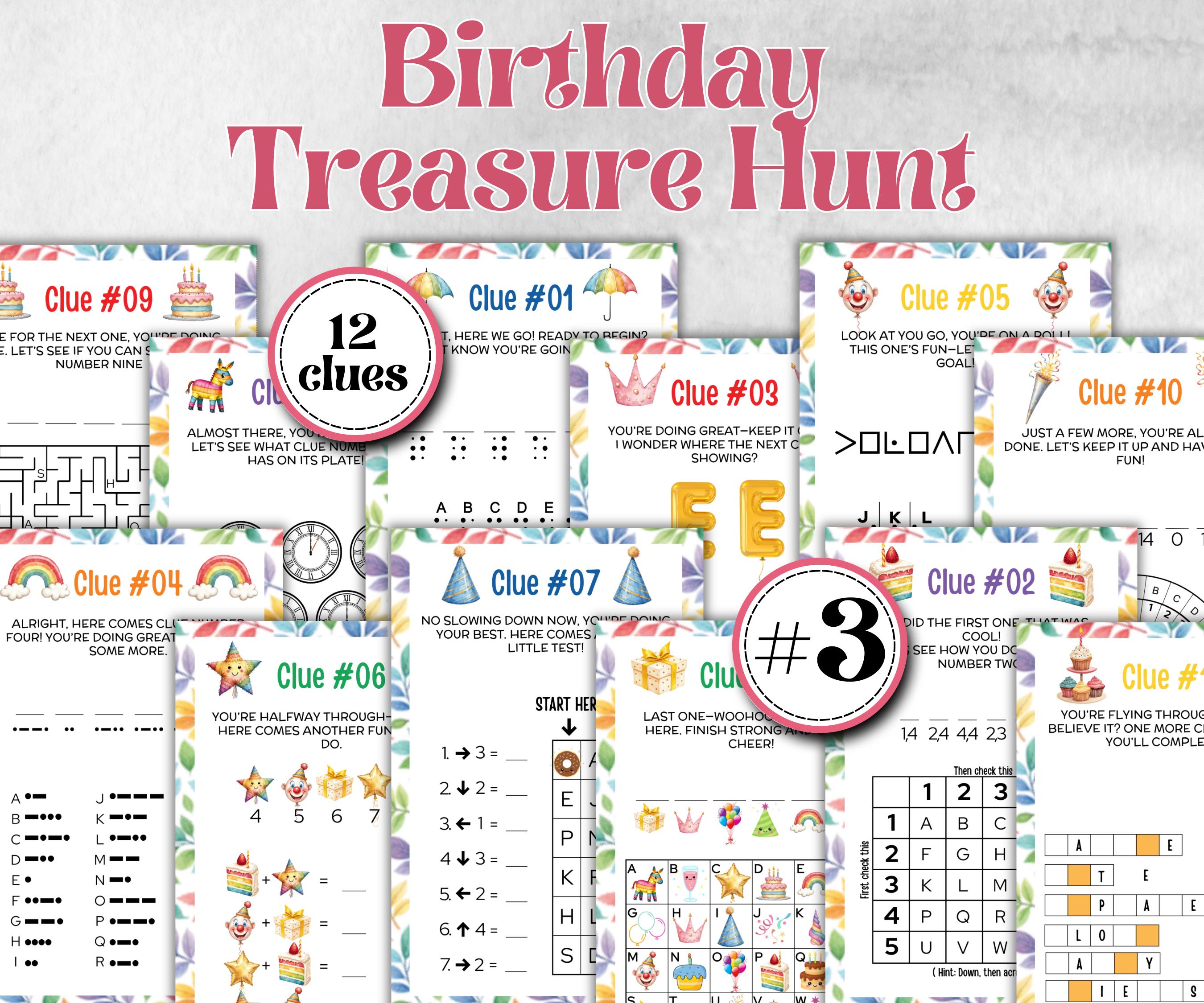 Birthday Treasure Hunt for kids, Indoor game for older kids, Boy Girl Birthday,milestone birthday gift, tricky treasure hunt, 12 hunt Clues