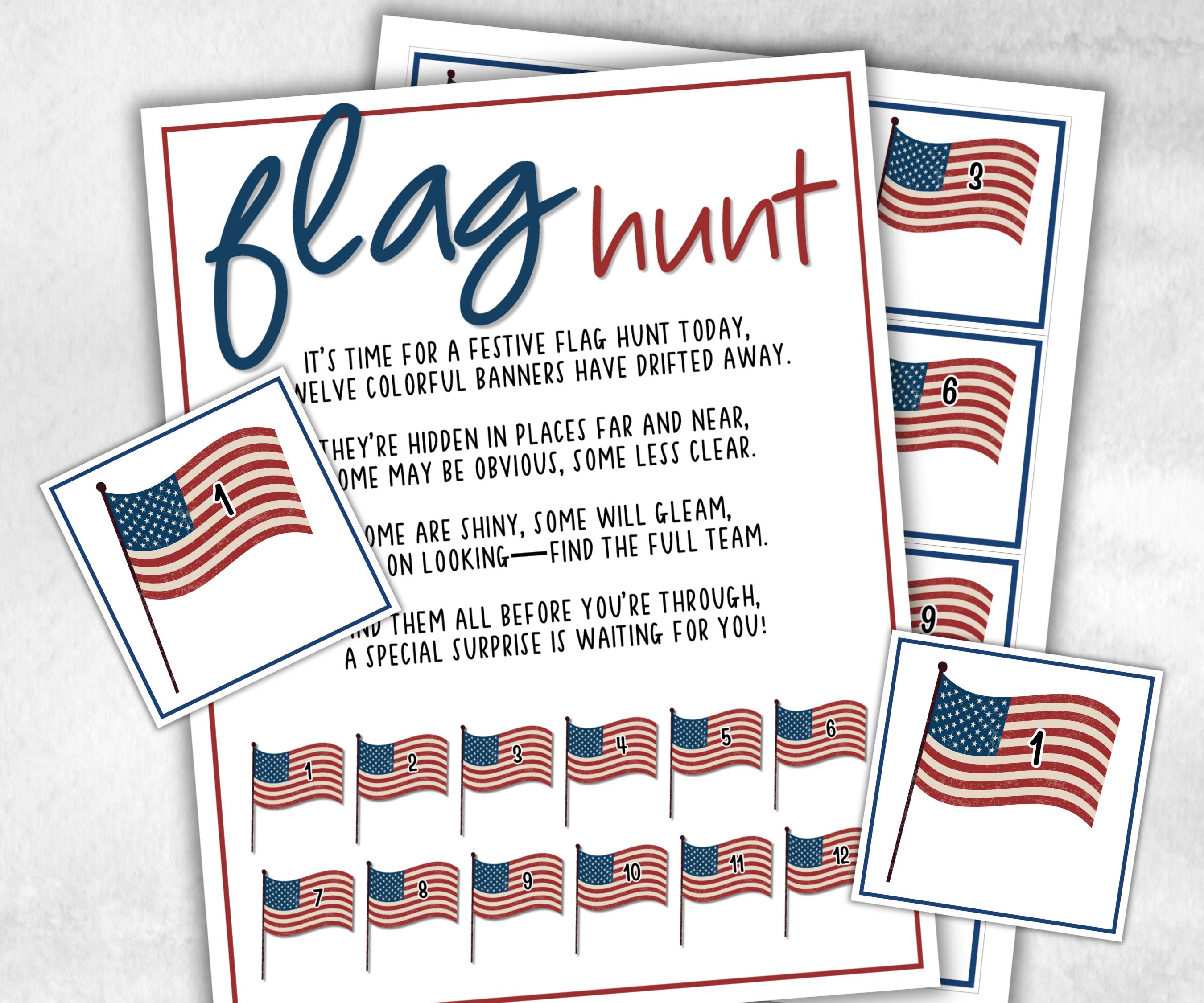 Patriotic Flag Hunt, Family Game Night, Summer Barbeque reunion, backyard hunt, 4th of july, Independence day, Flag day kids school activity